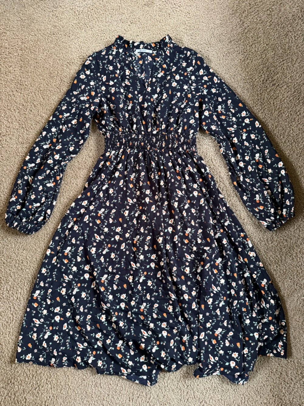 Black Floral Smocked Waist Long Sleeve Dress